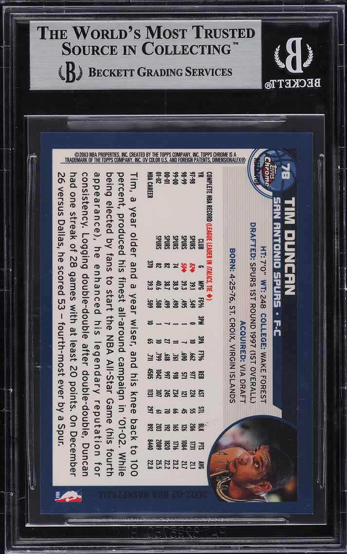 2002 Topps Chrome Black Refractor Tim Duncan /99 #78 BGS 9 MINT