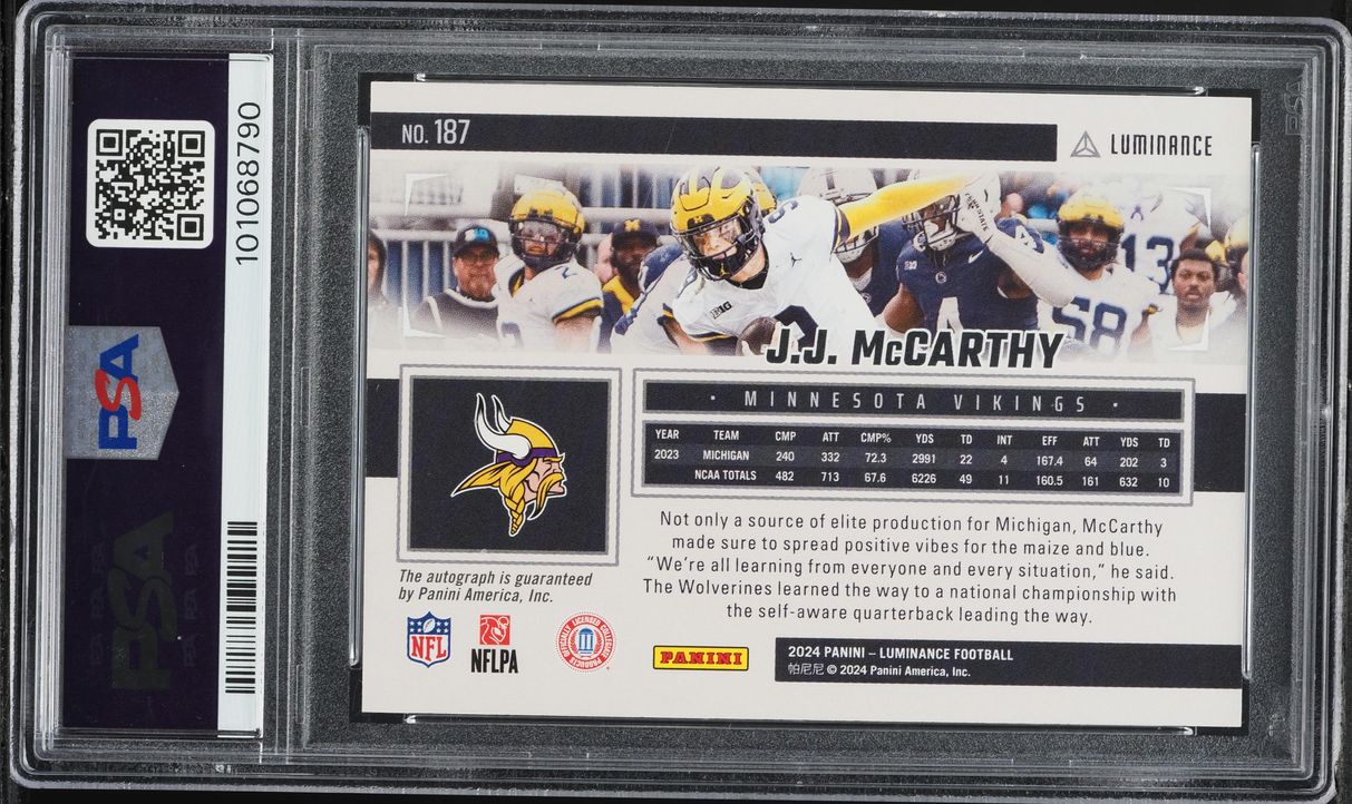 2024 Panini Luminance Blue J.J. McCarthy ROOKIE AUTO /50 #187 PSA 10 GEM MINT