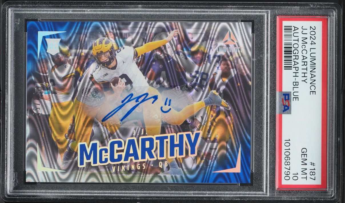 2024 Panini Luminance Blue J.J. McCarthy ROOKIE AUTO /50 #187 PSA 10 GEM MINT
