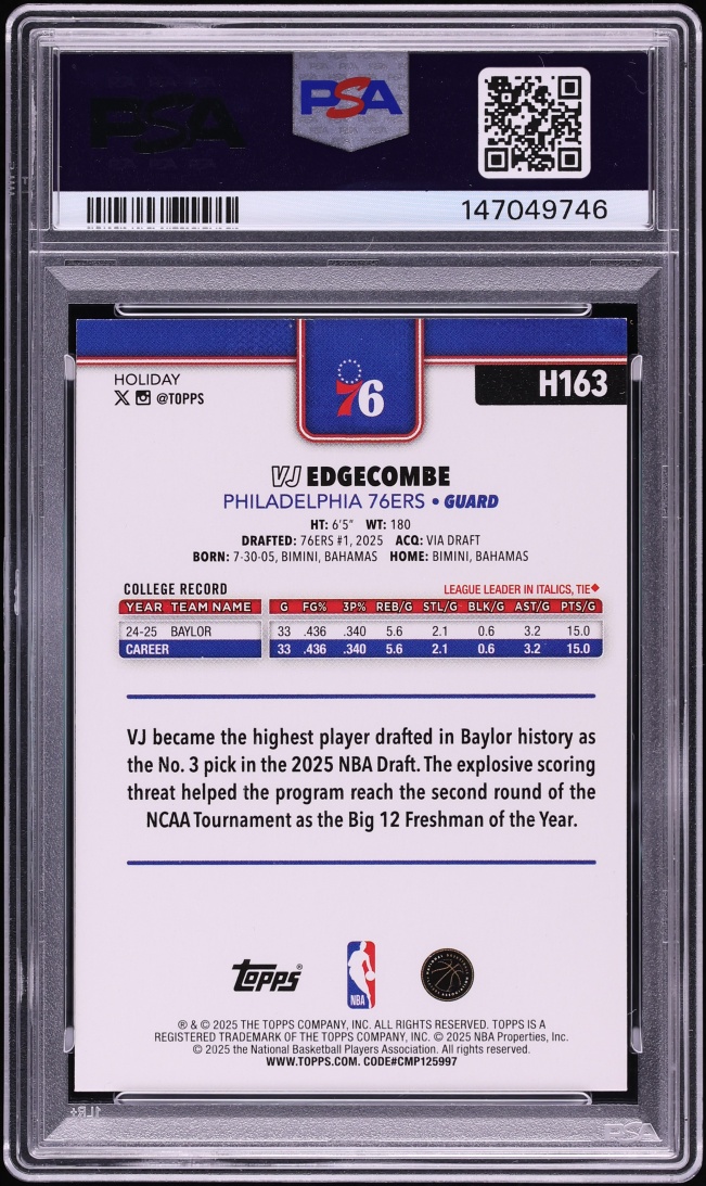 2025 Topps Holiday VJ Edgecombe ROOKIE #H163 PSA 9 MINT