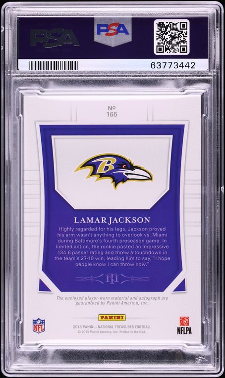 2018 National Treasures Red Lamar Jackson ROOKIE PATCH AUTO 1/1 #165 PSA 8 NM-MT