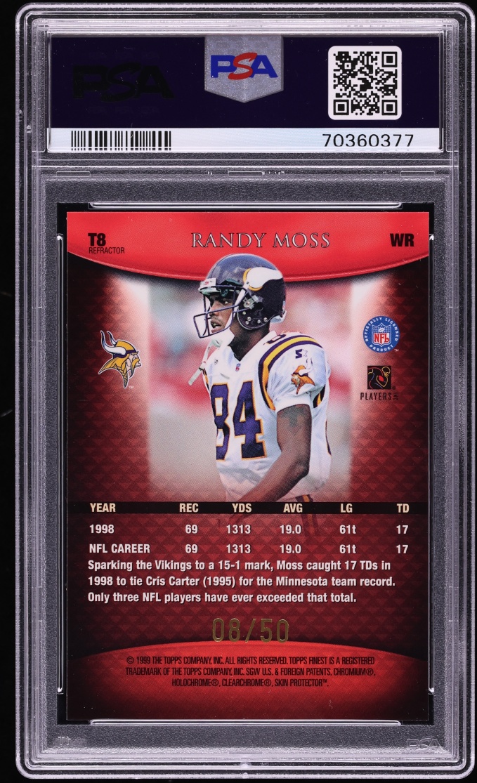 1999 Finest Team Red Refractor W Coating Randy Moss /50 #T8 PSA 9 MINT - Photo 2