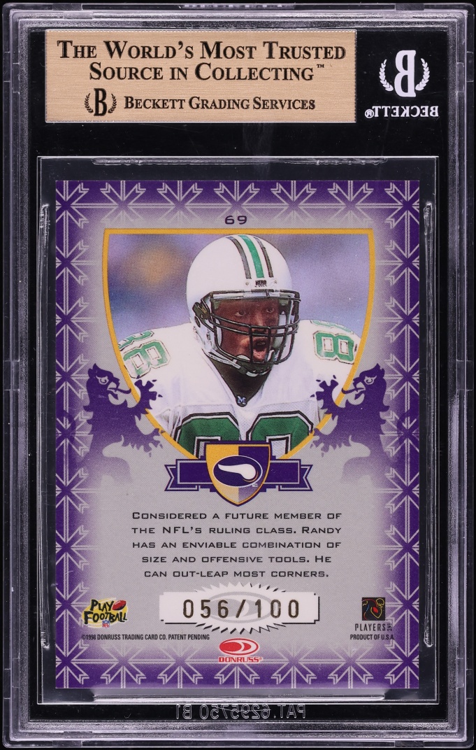1998 Leaf R & S Crusade Purple Randy Moss ROOKIE /100 #69 BGS 9.5 GEM MINT - Photo 2