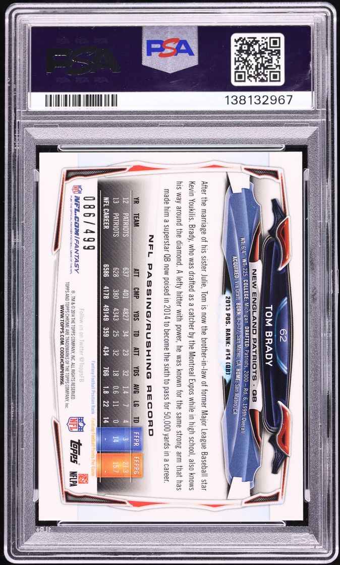 2014 Topps Chrome Camo Refractor Tom Brady /499 #62 PSA 10 GEM MINT - Photo 2