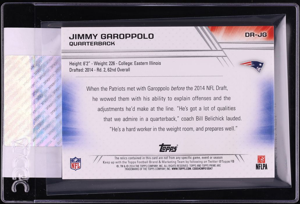 2014 Topps Prime Dual Silver Rainbow Jimmy Garoppolo ROOKIE PATCH /10 #DR-JG CGC AUTH