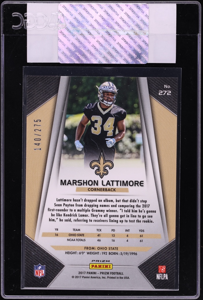 2017 Panini Prizm Orange Marshon Lattimore ROOKIE /275 #272 CGC AUTH