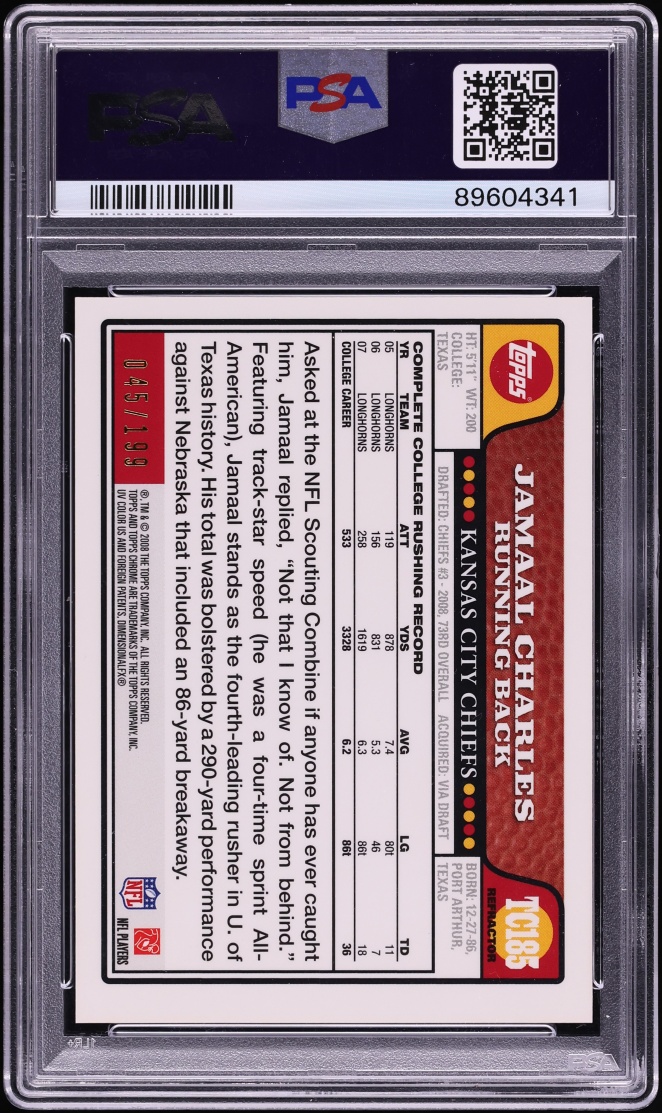 2008 Topps Chrome Gold Refractor Jamaal Charles ROOKIE /199 #TC185 PSA 8 NM-MT - Photo 2