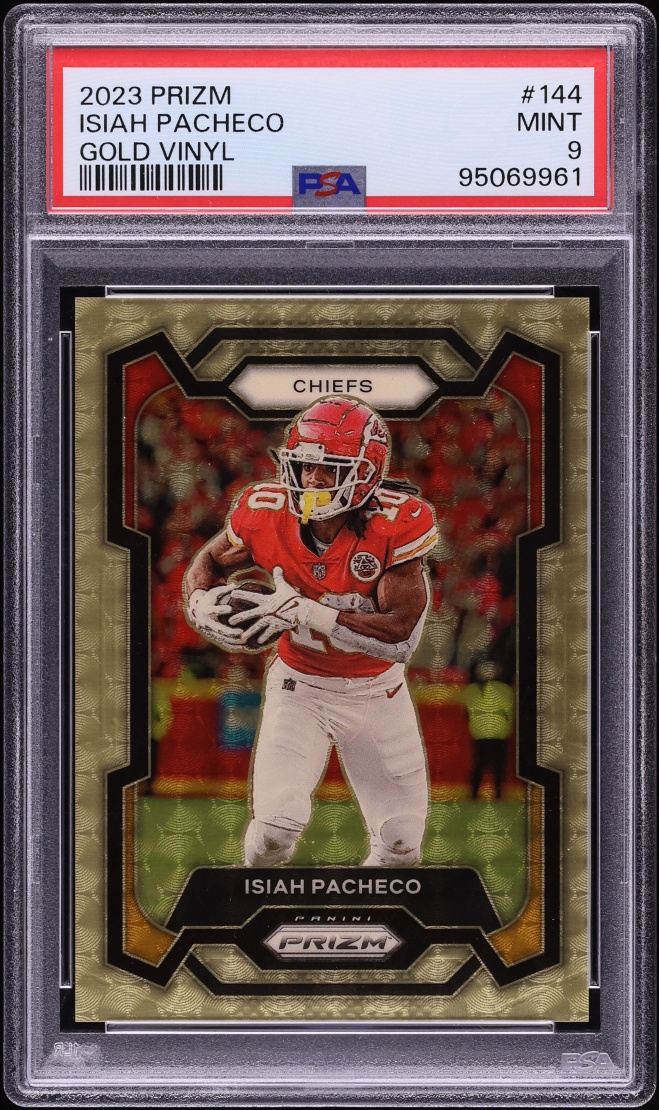 2023 Panini Prizm Gold Vinyl Isiah Pacheco 5/5 #144 PSA 9 MINT - Photo 1