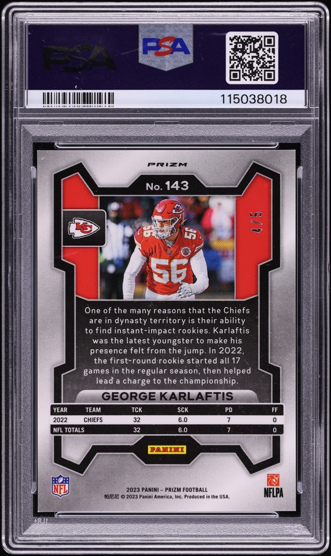 2023 Panini Prizm Gold Vinyl George Karlaftis /5 #143 PSA 9 MINT - Photo 2