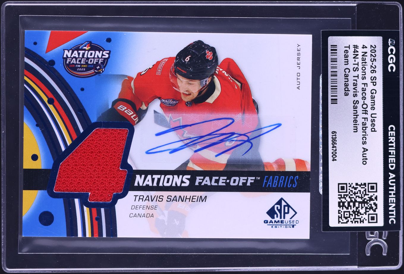 2025 SP Game Used 4 Nations Face-Off Fabrics Team Canada Travis Sanheim PATCH AUTO CGC AUTH