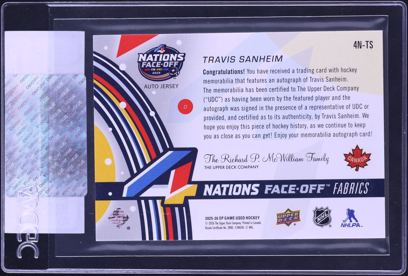 2025 SP Game Used 4 Nations Face-Off Fabrics Team Canada Travis Sanheim PATCH AUTO CGC AUTH