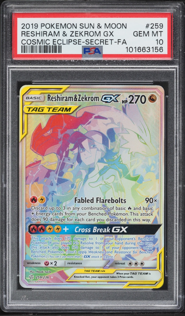 2019 Pokemon Sun & Moon Cosmic Eclipse Rainbow Rare Reshiram & Zekrom GX #259 PSA 10 GEM MINT
