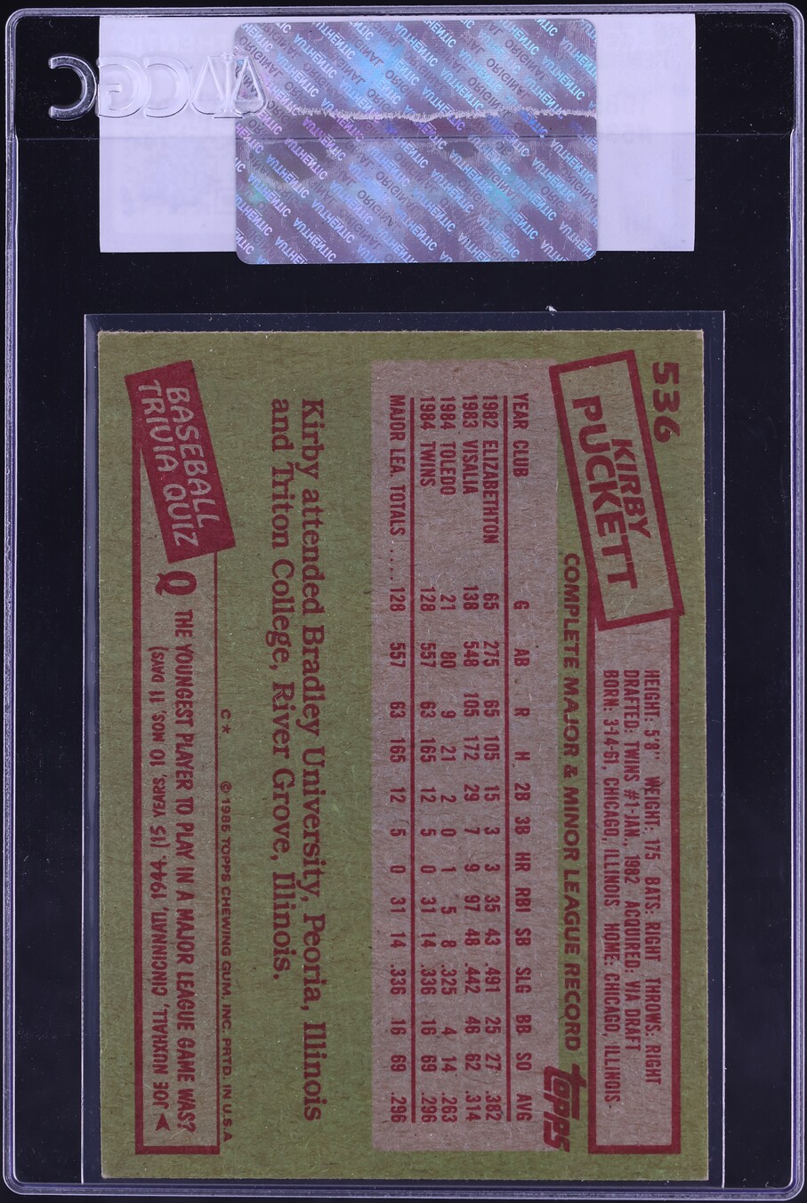 1985 Topps Kirby Puckett ROOKIE #536 CGC AUTH