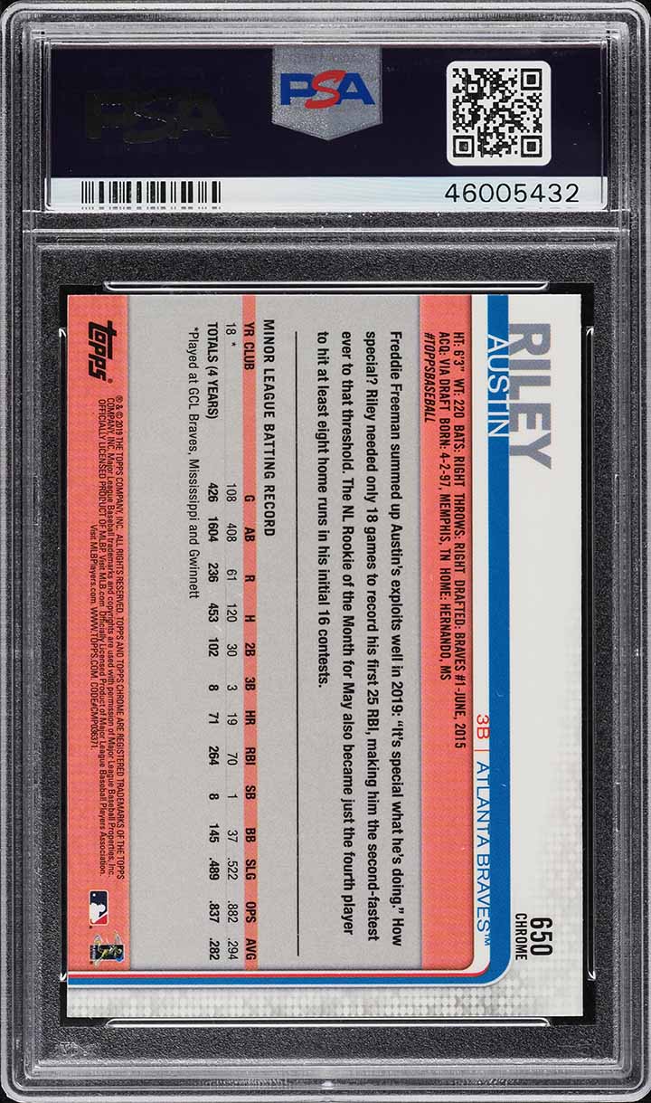 2019 Topps Chrome Sapphire Austin Riley ROOKIE #650 PSA 10 GEM MINT