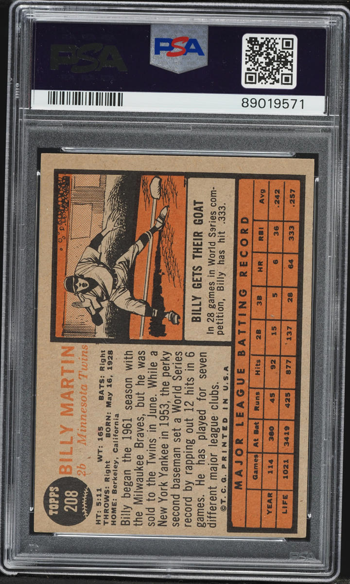 1962 Topps Billy Martin #208 PSA 4 VGEX
