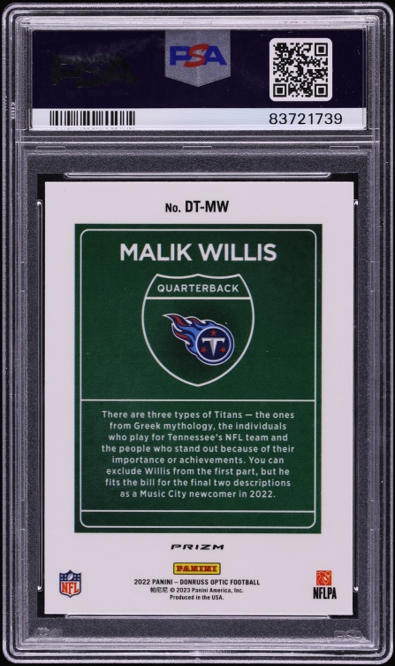 2022 Donruss Optic Downtown Malik Willis ROOKIE #DT-MW PSA 9 MINT