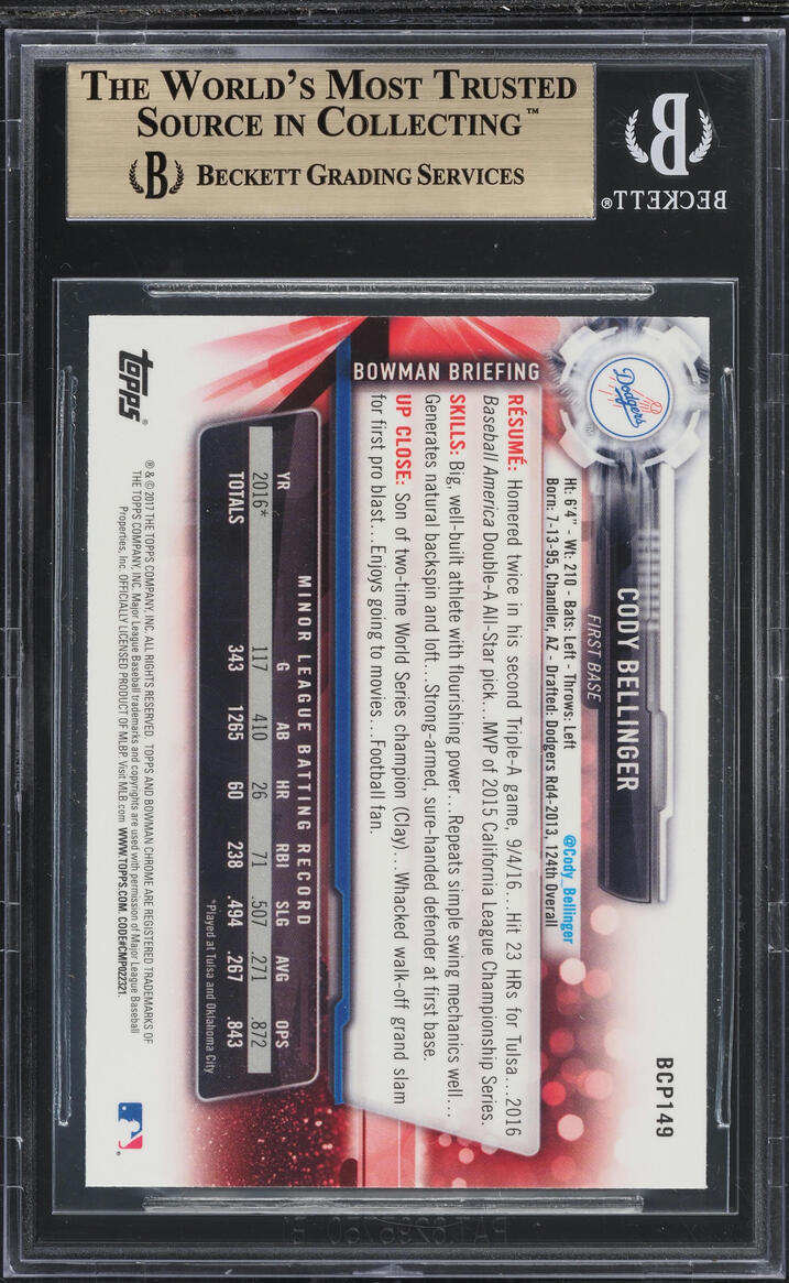 2017 Bowman Chrome Cody Bellinger PROSPECT #BCP149 BGS 9.5 GEM MINT