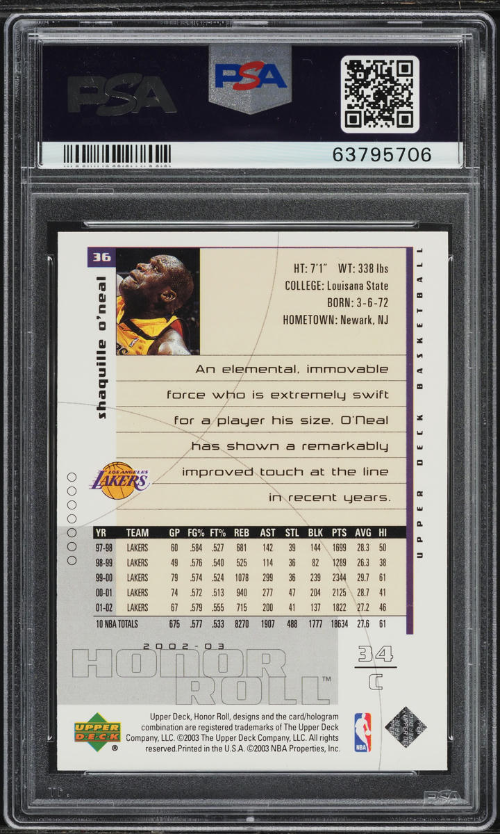 2002 Upper Deck Honor Roll Shaquille O'Neal #36 PSA 10 GEM MINT