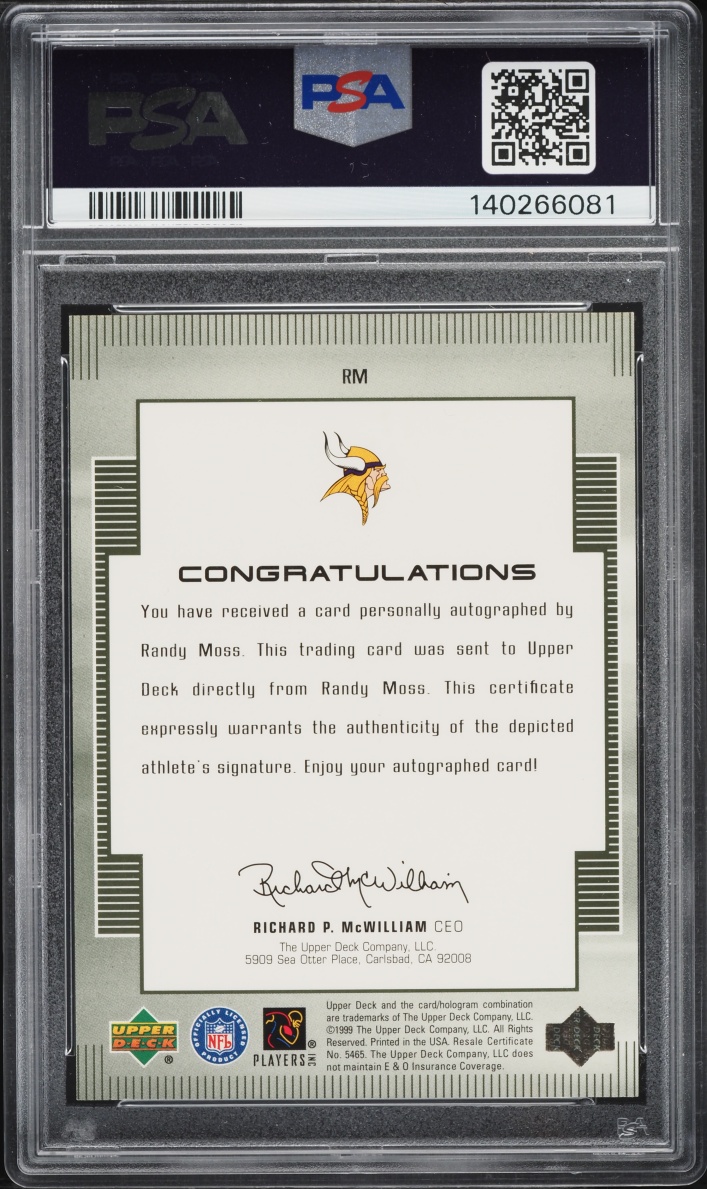 1999 Upper Deck Encore UD Authentics Randy Moss AUTO #RM PSA 8 NM-MT