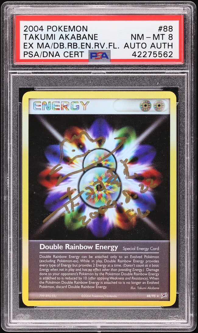 2004 Pokemon EX Team Magma Vs Aqua Reverse Holo Double Rainbow Energy Takumi Akabane AUTO PSA 8