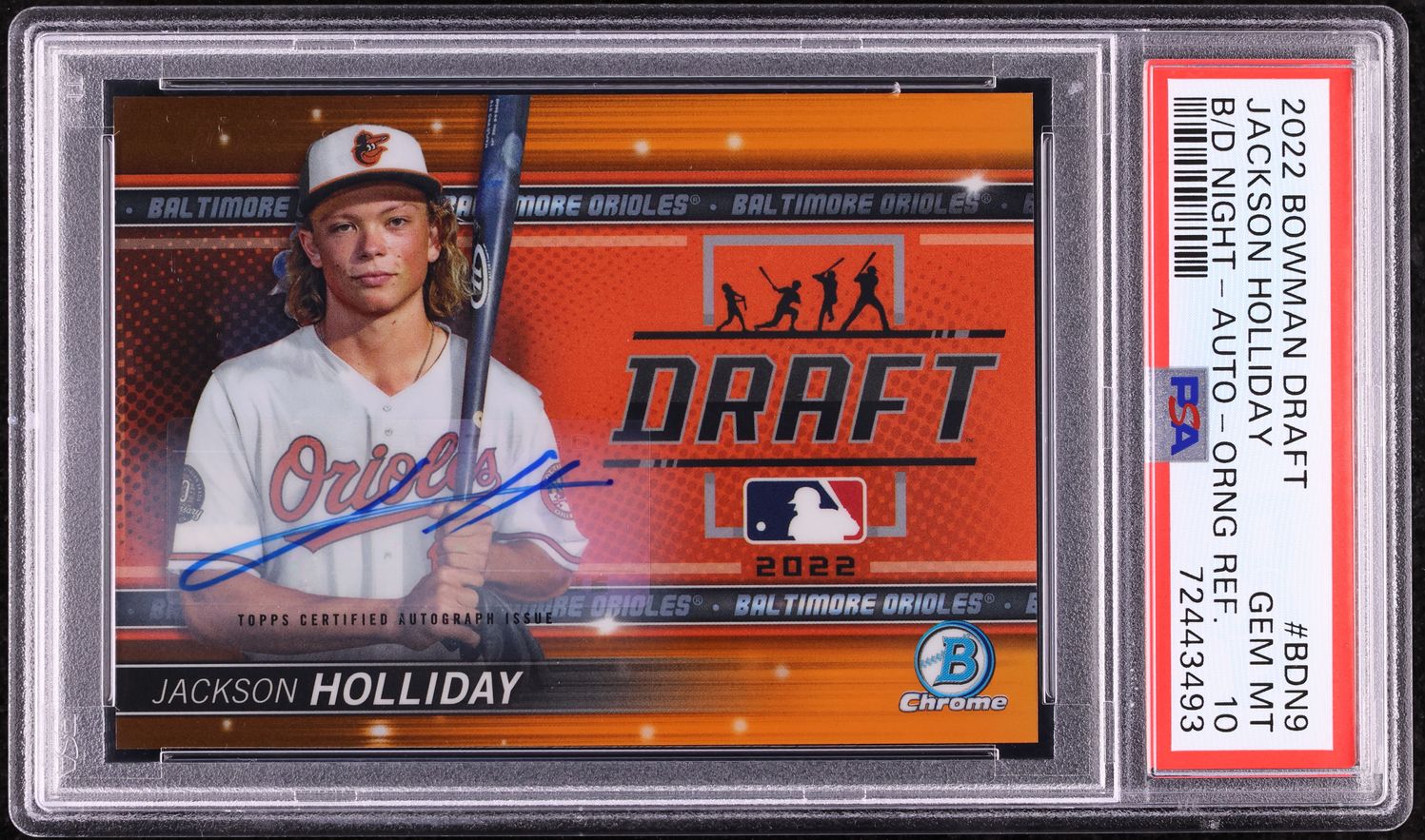 2022 Bowman Chrome Orange Refractor Jackson Holliday PROSPECT AUTO /25 PSA 10
