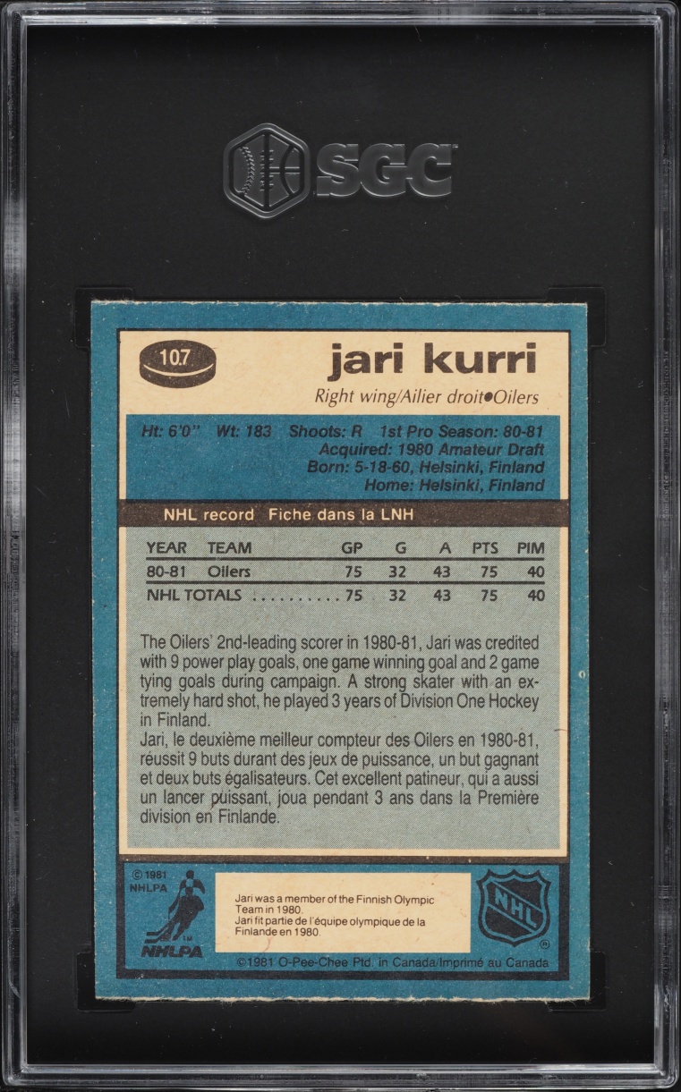 1981 O-Pee-Chee Hockey Jari Kurri ROOKIE #107 SGC 7.5 NRMT+