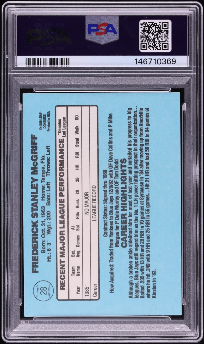 1986 Donruss Fred McGriff ROOKIE #28 PSA 9 MINT