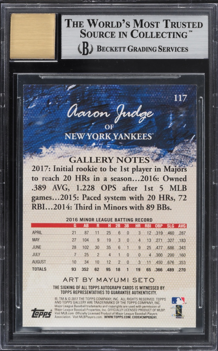 2017 Topps Gallery Aaron Judge ROOKIE AUTO #117 BGS 9 MINT