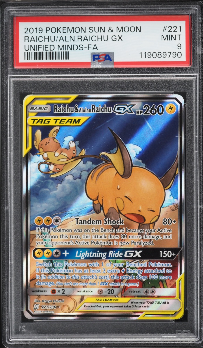 2019 Pokemon Sun & Moon Unified Minds Full Art Raichu & Alolan Raichu GX #221 PSA 9 MINT
