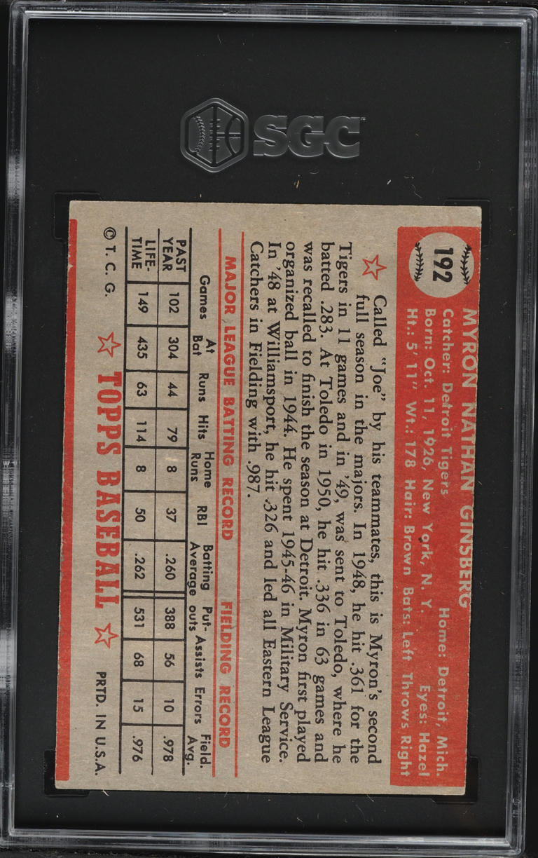 1952 Topps Myron Ginsberg #192 SGC 3 VG