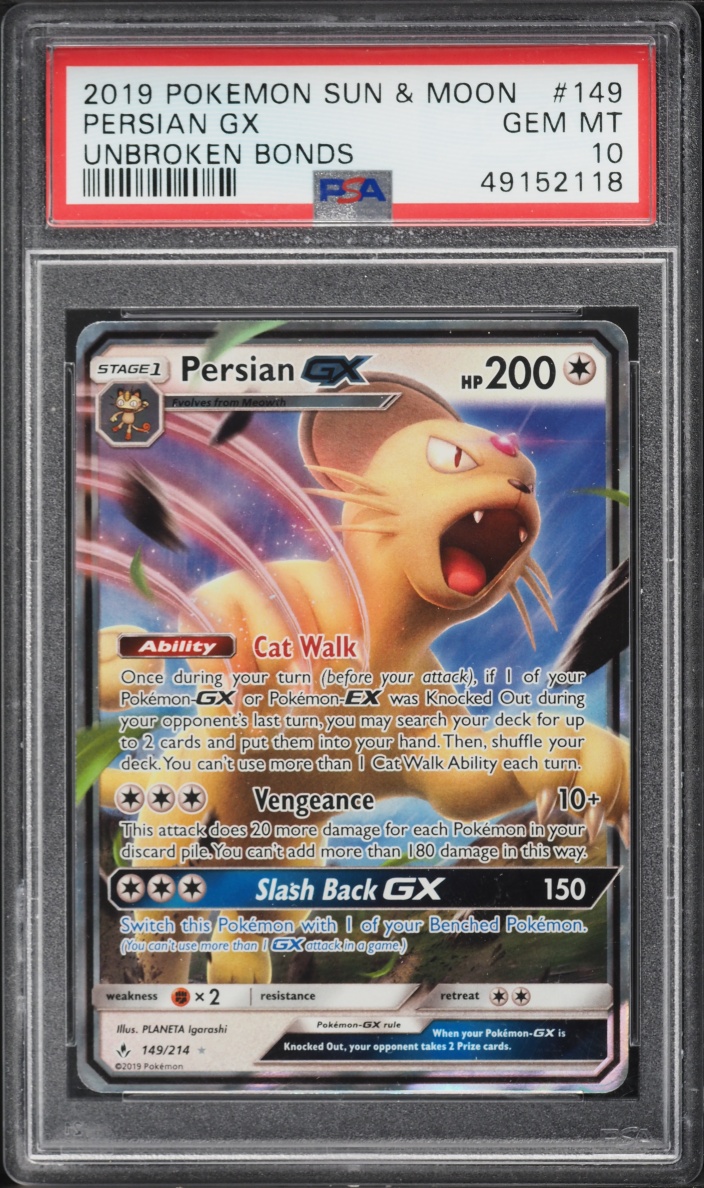 2019 Pokemon Sun & Moon Unbroken Bonds Holo Persian GX #149 PSA 10 GEM MINT