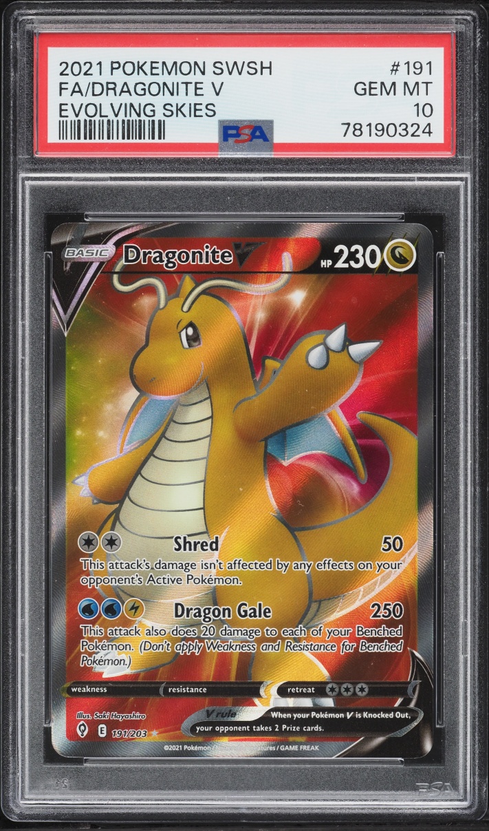2021 Pokemon Sword & Shield Evolving Skies Full Art Dragonite V #191 PSA 10 GEM MINT