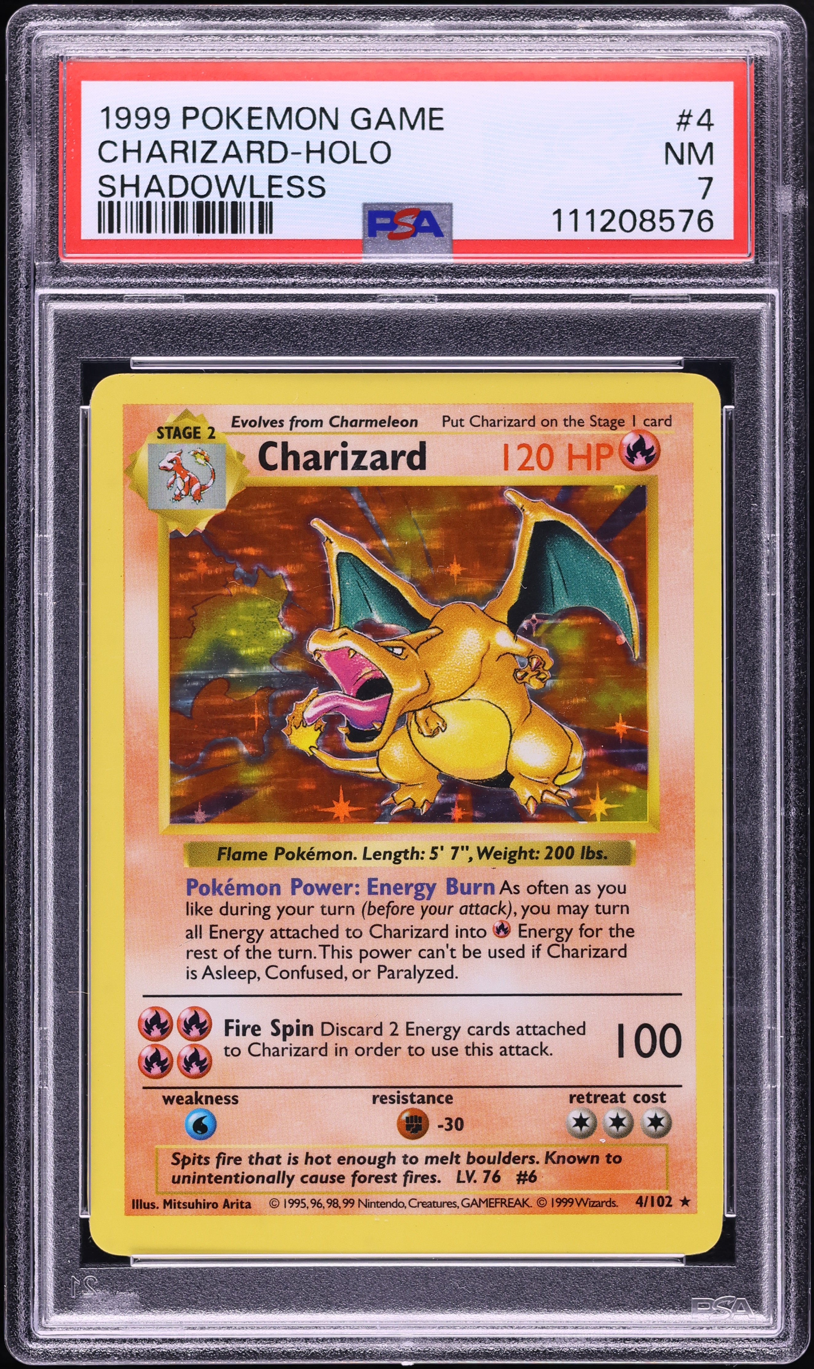 1999 Pokemon Base Set Shadowless Holo Charizard #4 PSA 7 NRMT
