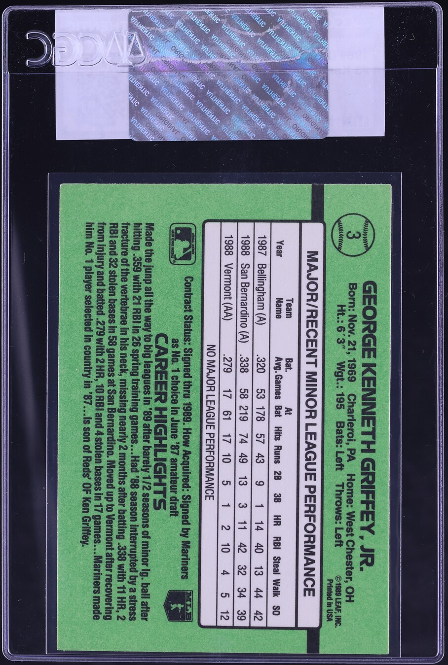 1989 Donruss The Rookies Ken Griffey Jr. ROOKIE #3 CGC AUTH