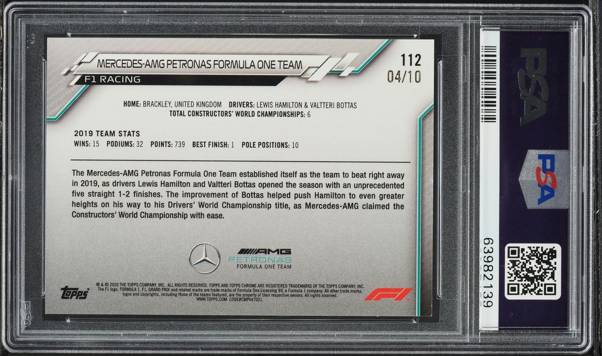 2020 Topps Chrome Formula 1 F1 Sapphire Purple Mercedes-AMG Petronas /10 PSA 9