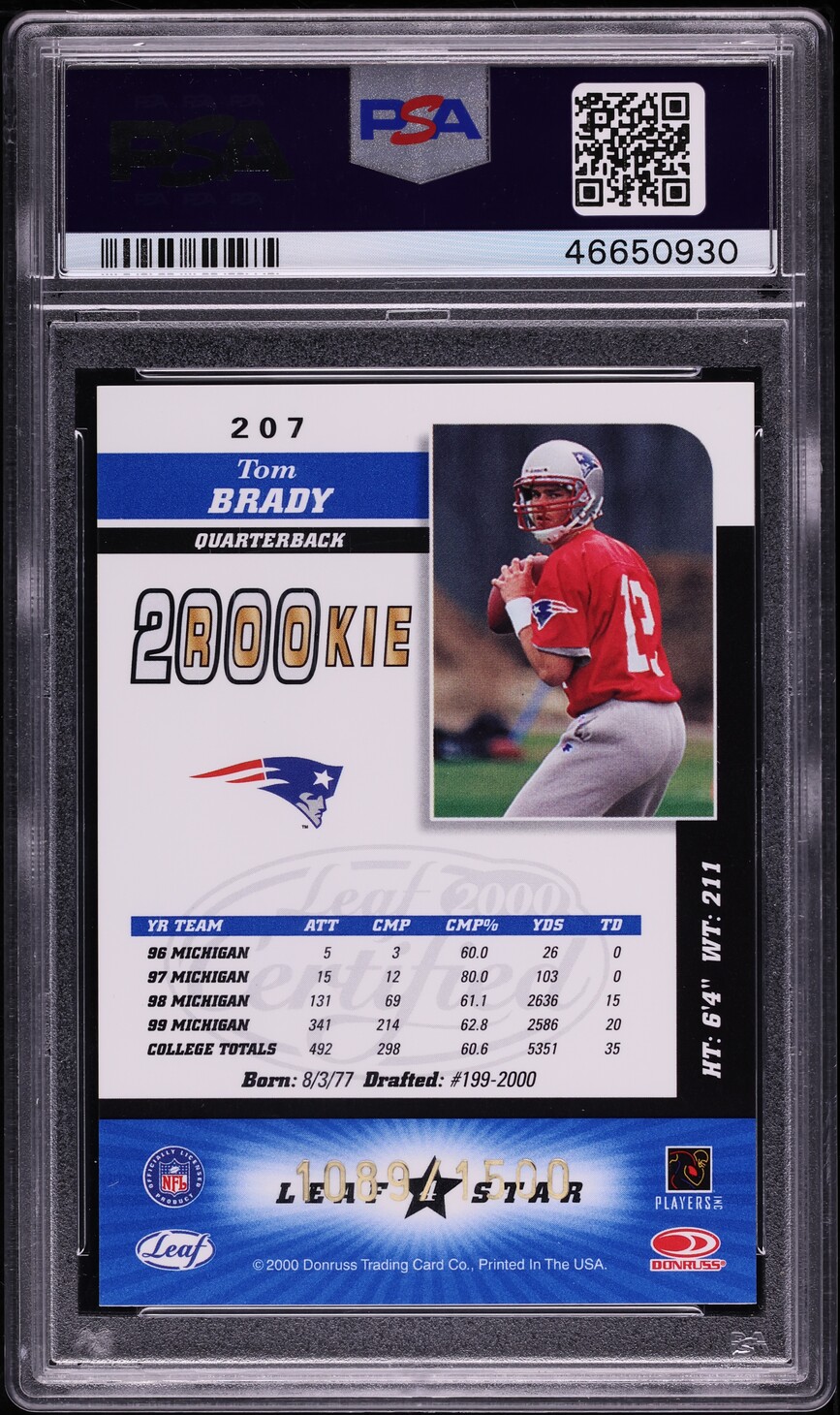2000 Leaf Certified 4 Star Tom Brady ROOKIE /1500 #207 PSA 9 MINT