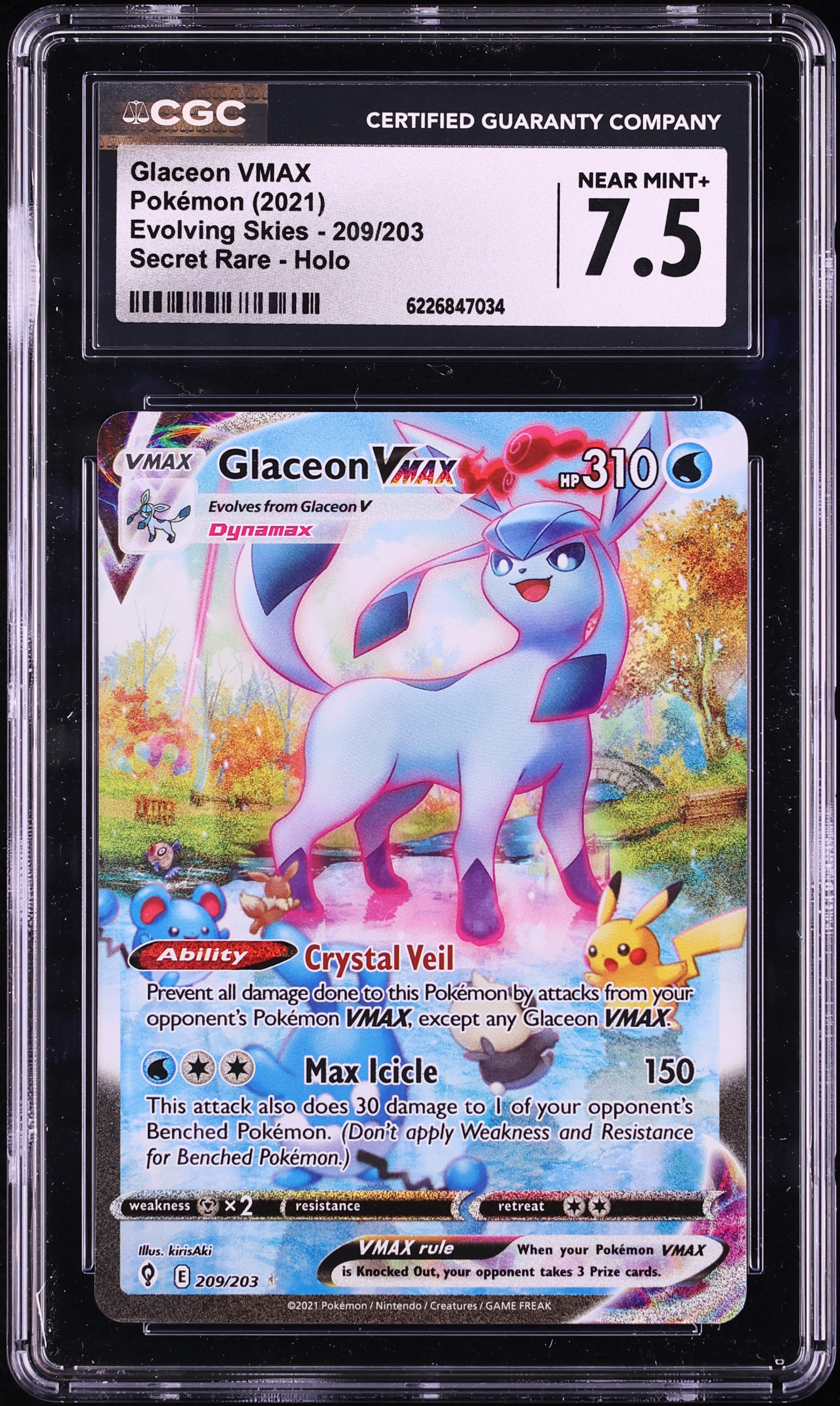 2021 Pokemon Sword & Shield Evolving Skies SEC Glaceon Vmax #209 CGC 7.5 NRMT+