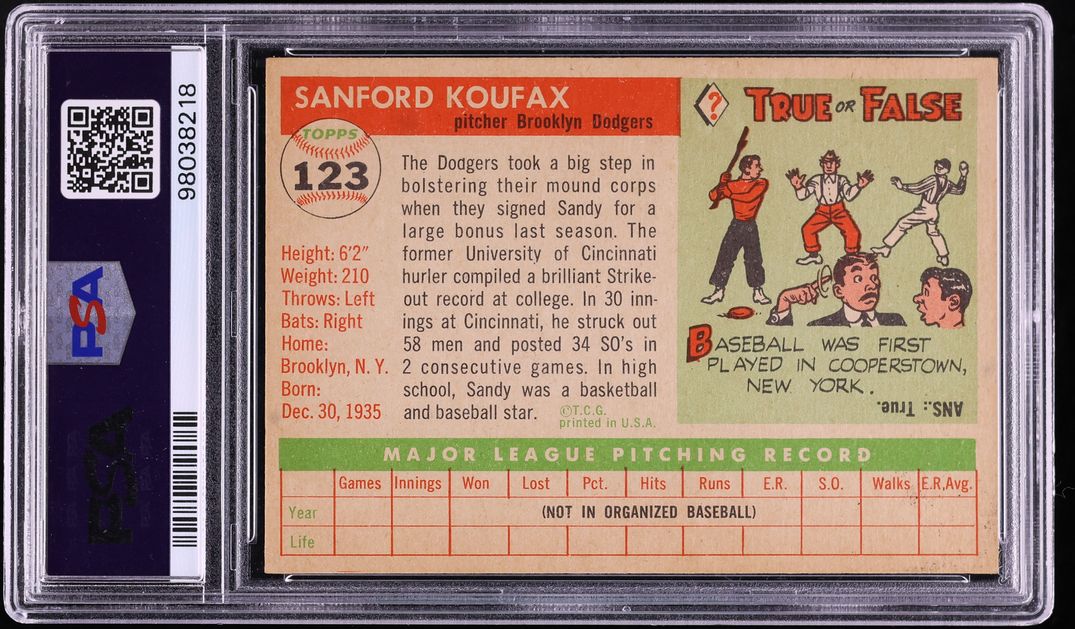 1955 Topps Sandy Koufax ROOKIE #123 PSA 5 EX