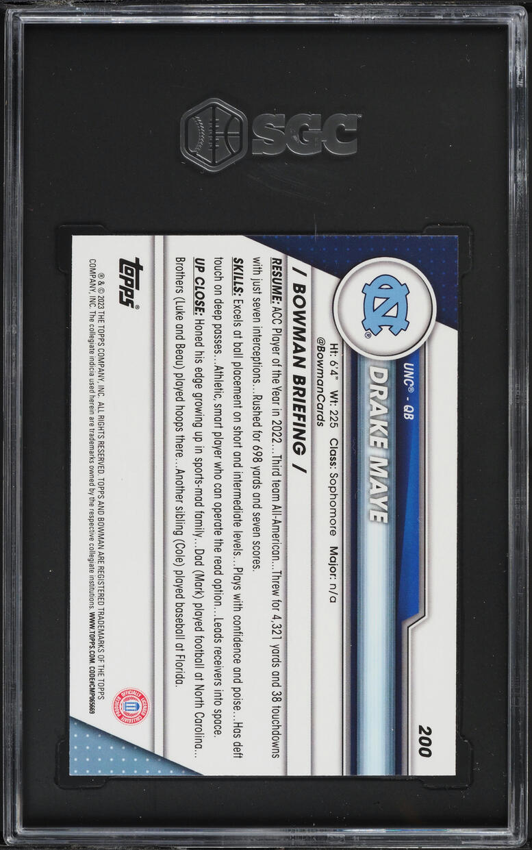 2023 Bowman Chrome University Drake Maye ROOKIE #200 SGC 9.5 MINT+