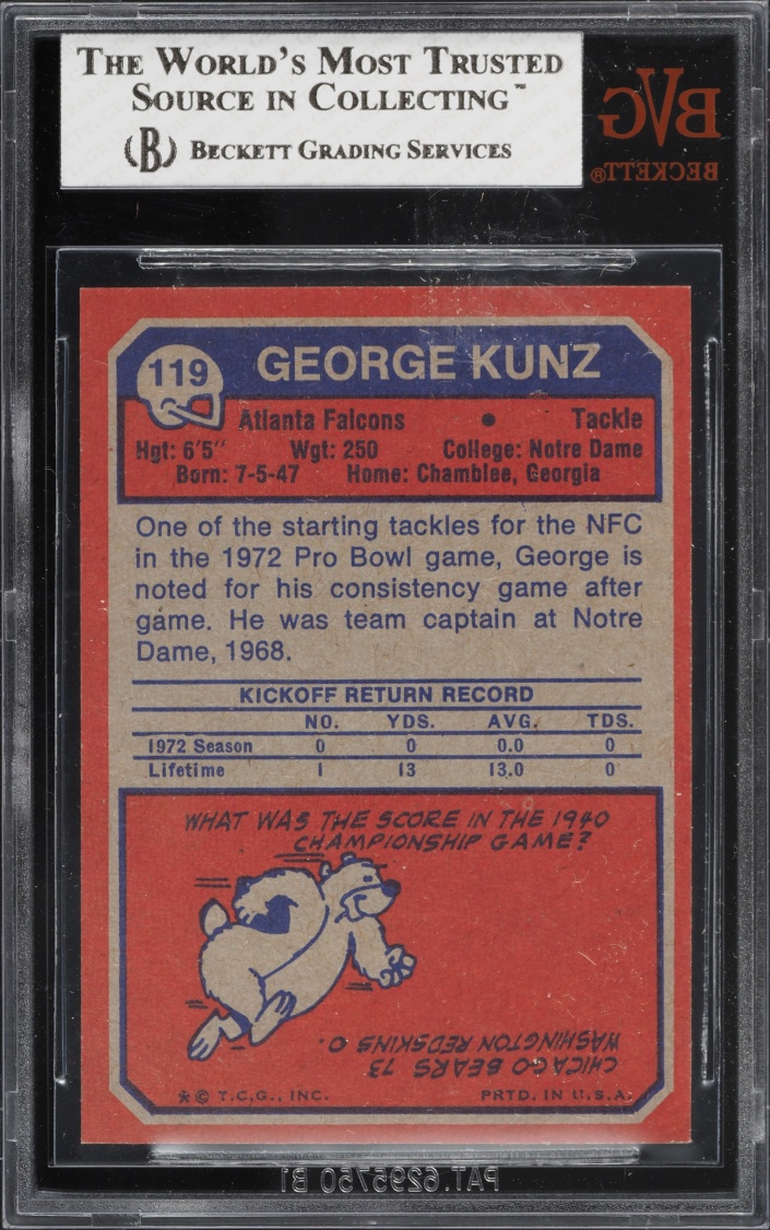 1973 Topps Football George Kunz #119 BVG 8 NM-MT