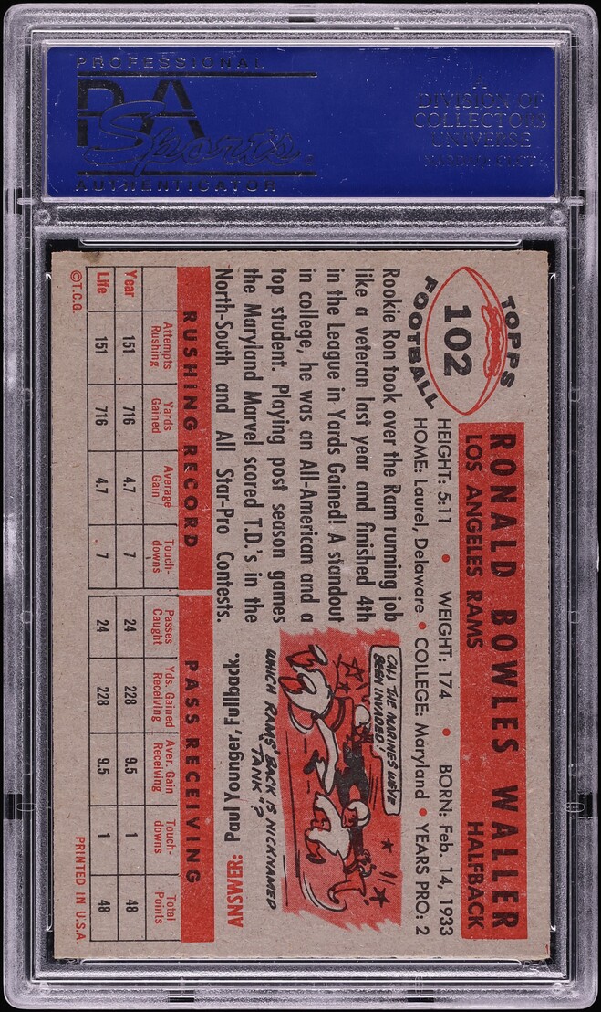 1956 Topps Football Ron Waller ROOKIE #102 PSA 8 NM-MT