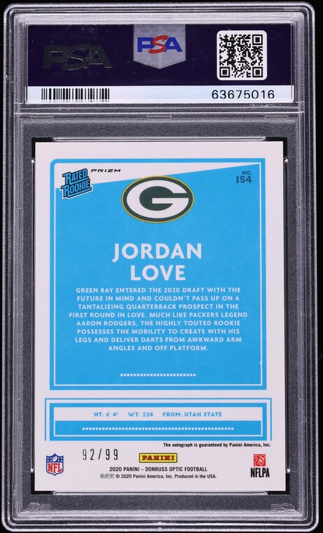 2020 Donruss Optic Holo Jordan Love ROOKIE AUTO /99 #154 PSA 10 GEM MINT