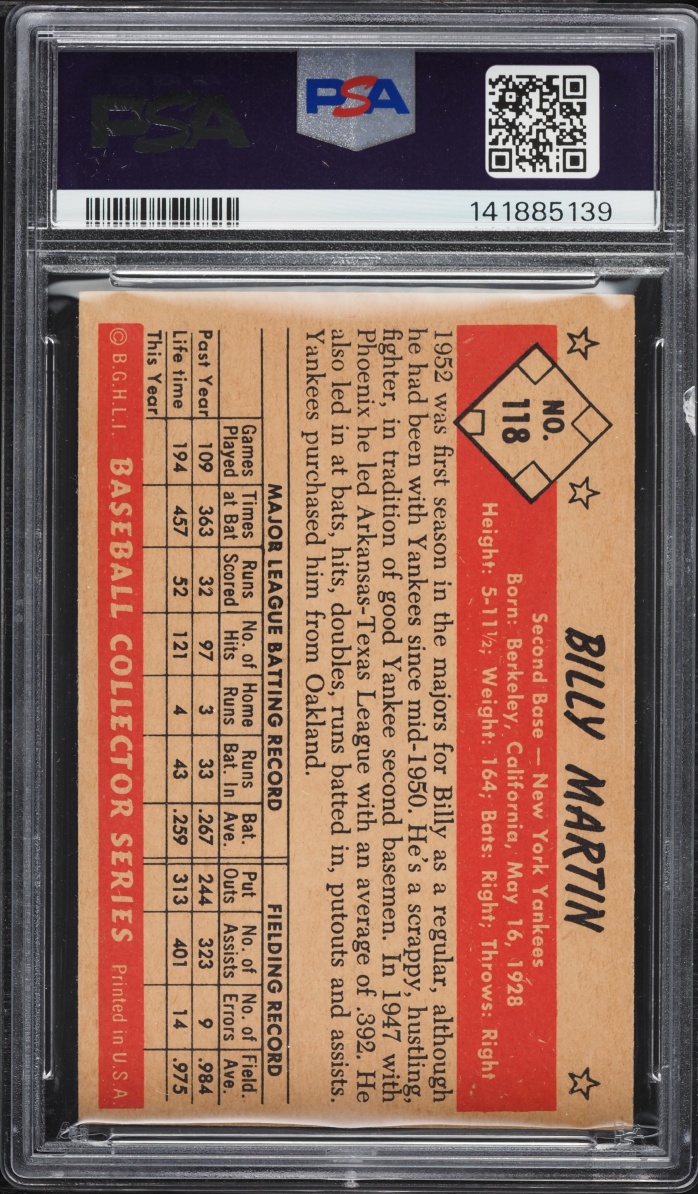 1953 Bowman Color Billy Martin #118 PSA 5 EX