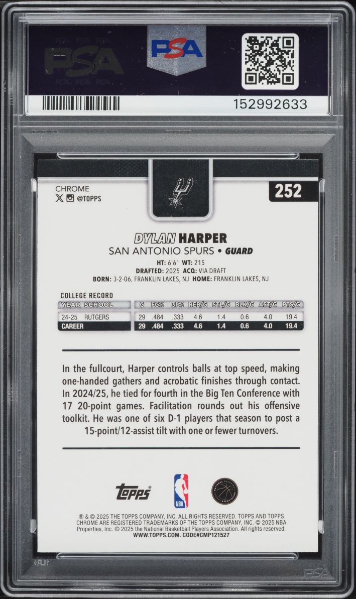 2025 Topps Chrome Purple Wave Dylan Harper ROOKIE /75 #252 PSA 10 GEM MINT
