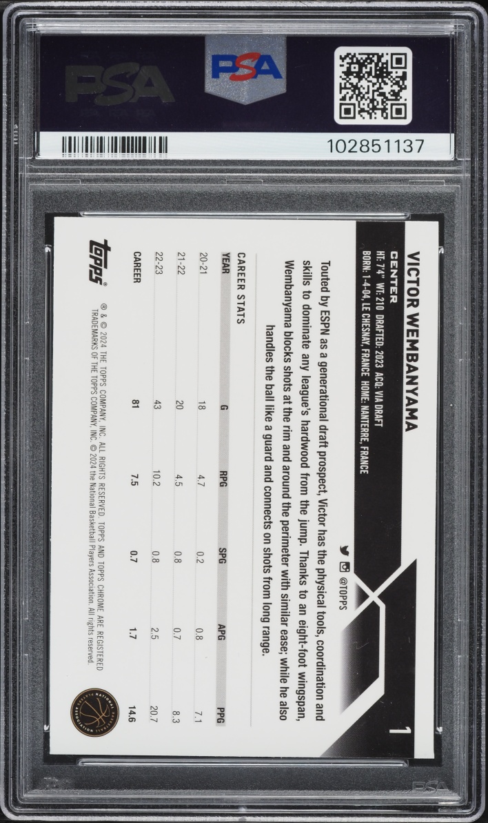 2023 Topps Chrome Victor Wembanyama ROOKIE #1 PSA 10 GEM MINT
