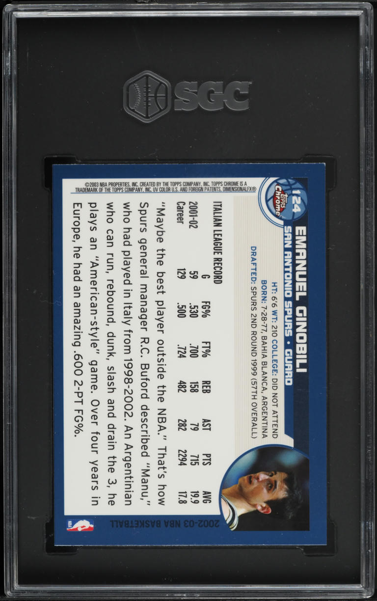 2002 Topps Chrome Manu Ginobili ROOKIE #124 SGC 9 MINT