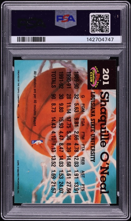 1992 Stadium Club Members Choice Shaquille O'Neal ROOKIE #201 PSA 8 NM-MT