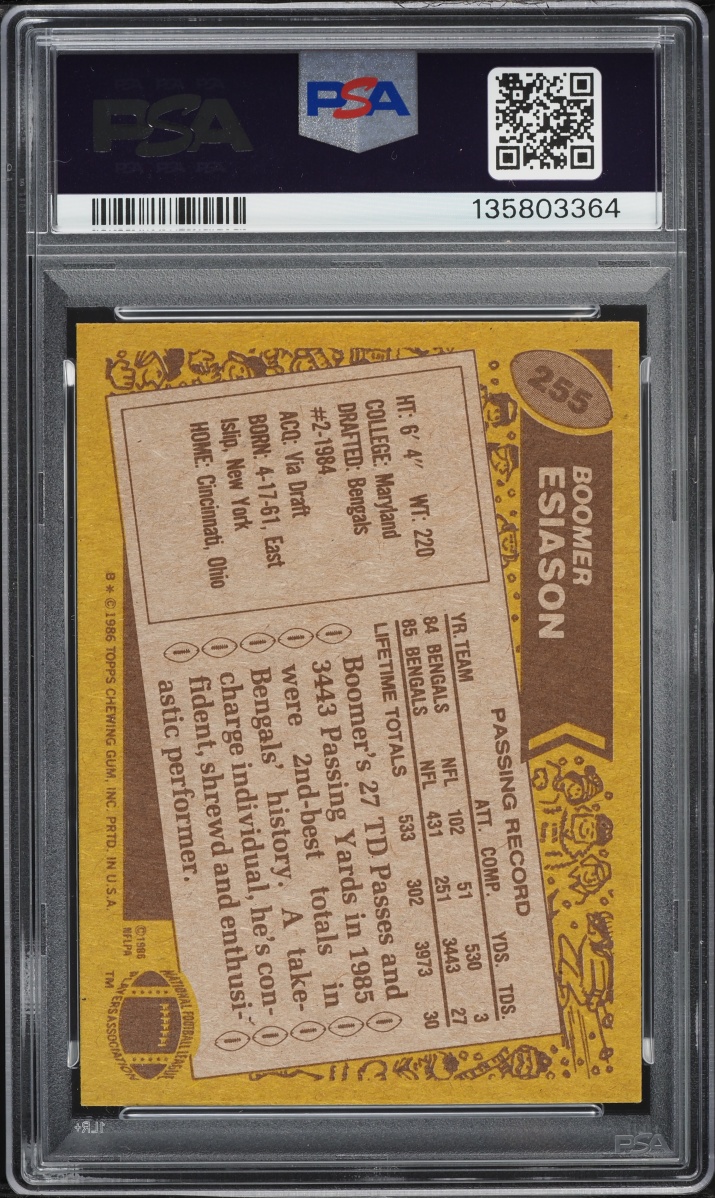 1986 Topps Football Boomer Esiason ROOKIE #255 PSA 8 NM-MT