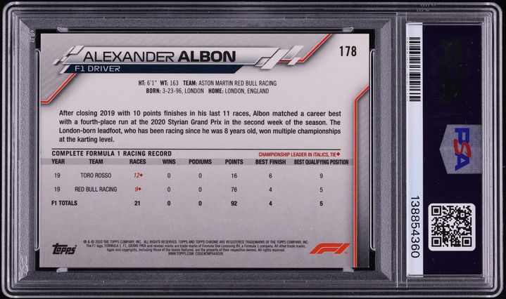 2020 Topps Chrome Formula 1 70th Anniversary Superfractor Alexander Albon ROOKIE 1/1 #178 PSA 8