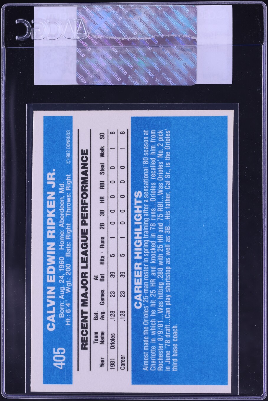 1982 Donruss Cal Ripken Jr. ROOKIE #405 CGC AUTH